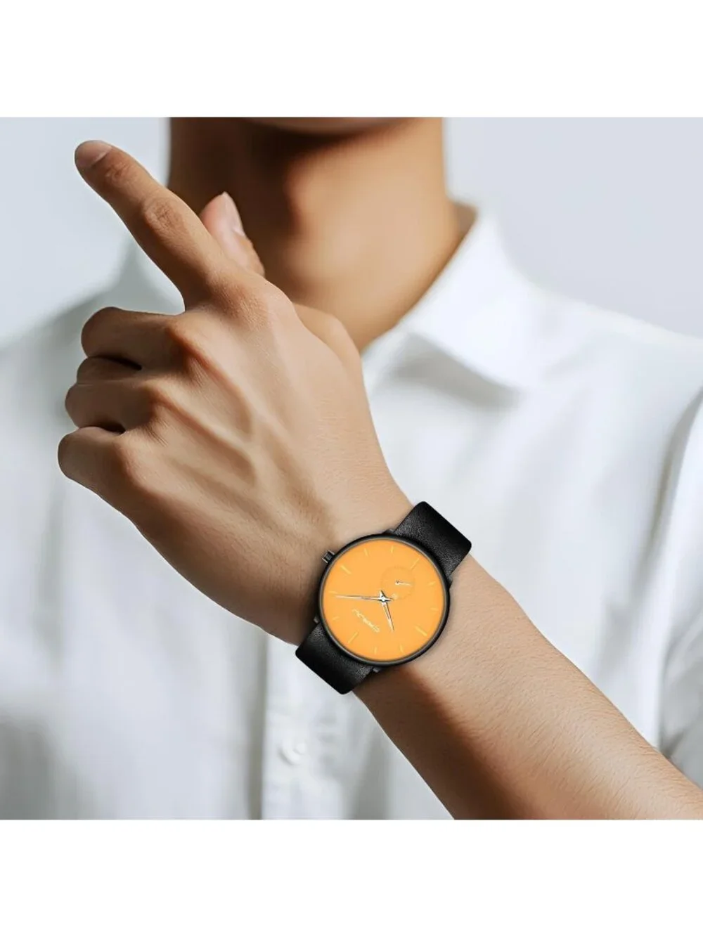 Unisex Yellow Ultra-Thin Minimalist Waterproof Fashion Leather Band Wrist Watch